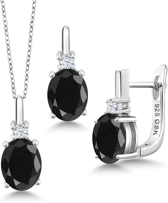 Gemstone Birthstone and White Created Sapphire Pendant and Earrings Jewelry Set for Women in 925 Sterling Silver | Oval 8X6MM and Round 2.5MM | With 18 Inch Chain | Fine Jewelry for Her Mom Women Wife
