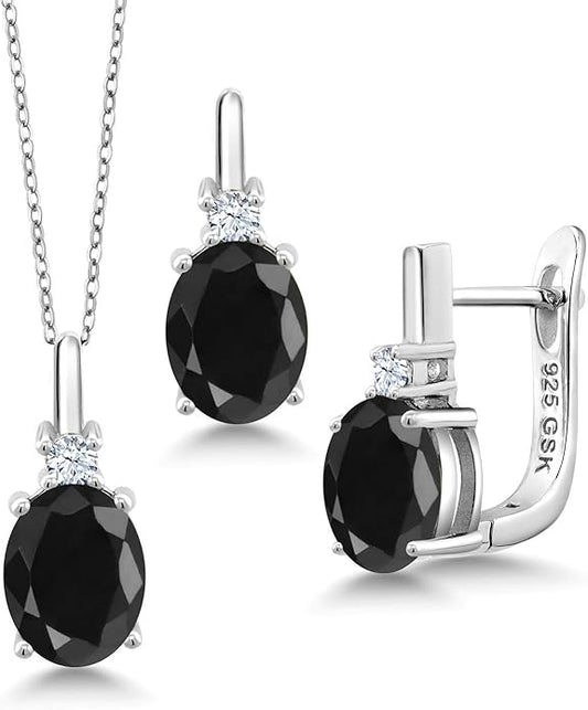 Gemstone Birthstone and White Created Sapphire Pendant and Earrings Jewelry Set for Women in 925 Sterling Silver | Oval 8X6MM and Round 2.5MM | With 18 Inch Chain | Fine Jewelry for Her Mom Women Wife