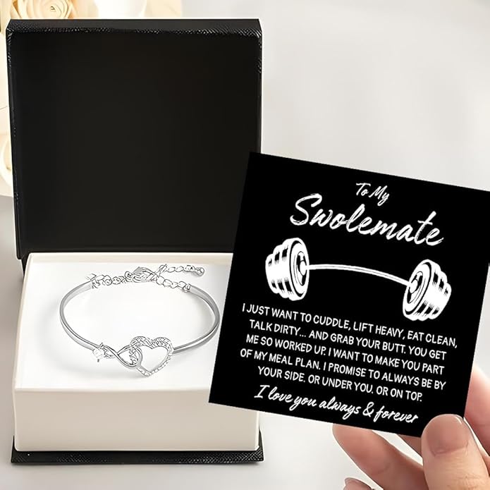 To My Swolemate Bracelet, Fitness Jewelry for Her, Motivational Bracelet for Gym Lovers with Message Card and Box, Weightlifting Swolemate Gift on Birthday, Christmas, Valentine Day