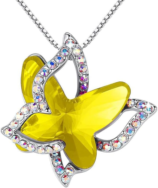 GEMMANCE Valentine's Day Gift Butterfly Birthstone Crystal Necklace, Silver Tone with 18”+2” Chain, Necklace for Mother’s Day Anniversary Birthday Gifts for Women and Daughter