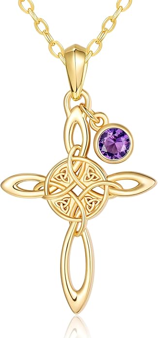 Witches Knot Necklace for Women, 14K Gold Celtic Knot Cross Jewelry with Triquetra Trinity with Birthstone Pendant, Birthday Witchy Spiritual Gifts for Her Wife Mom Grandma, 18+2 Inch Chain