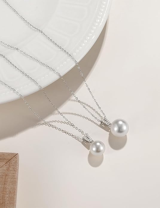 Mameloly Pearl Necklaces for Women Trendy 925 Sterling Silver Dainty V CZ Pendant 10MM/12MM Single Simulated White Pearl Choker Necklace for Women Wedding Cute Jewelry