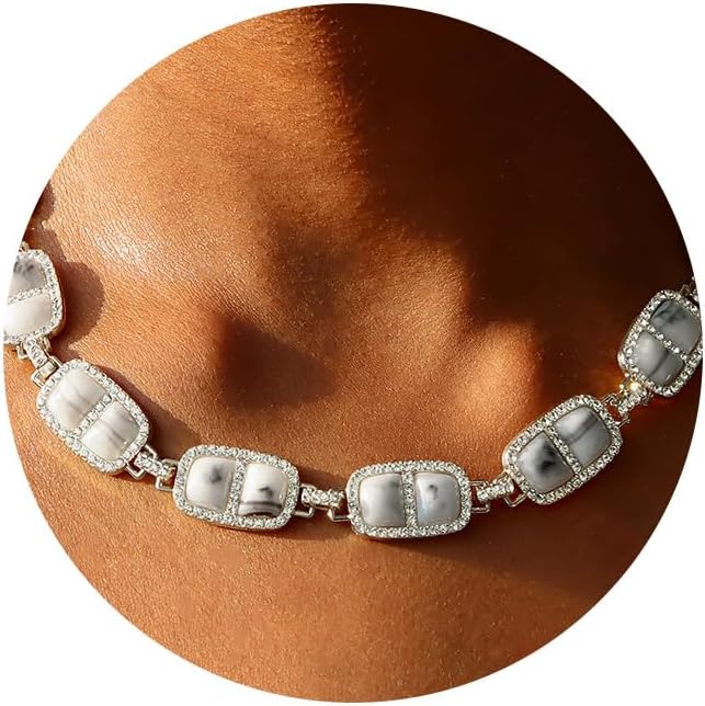 Chunky Necklace for Women 12 Colors Diamond Stone Gold Statement Necklace for Women Full Trendy Blue Birthstone Choker Necklace for Women Square Design Necklace Jewelry