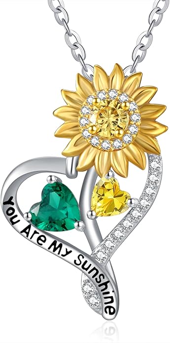 Zeuslia Double Birthstone Necklace Gifts for Wife - 925 Sterling Silver Sunflower/Rose/Crown Cross/Compass/Heart Pendant I Love You Necklace, Anniversary Birthday Gifts for Wife Girlfriend Mom Her