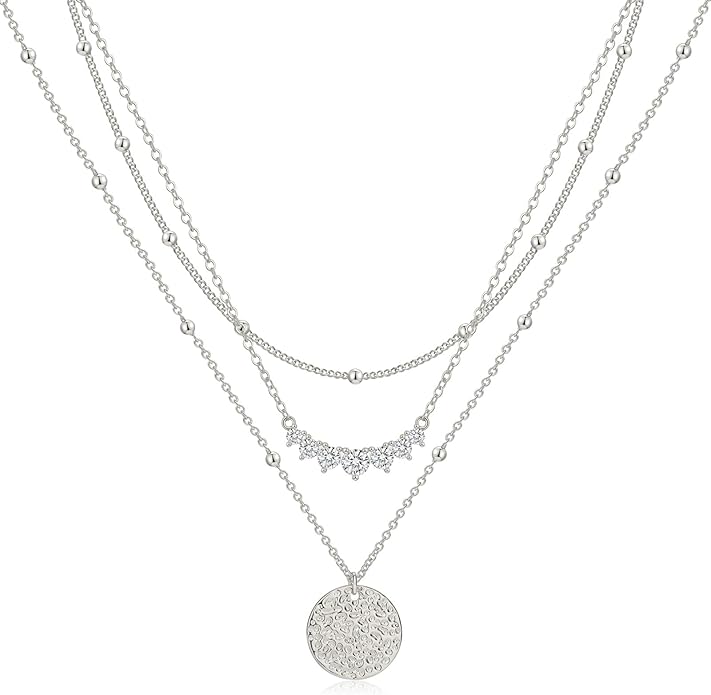 ASCOMY Gold Necklace for Women 14K Gold/Silver Plated Layered Necklaces Stackable Layering Cross Necklace Stacked Coin Pendant Pearl Herringbone Chain Stacking Gold Choker Trendy Jewelry Gift for Her