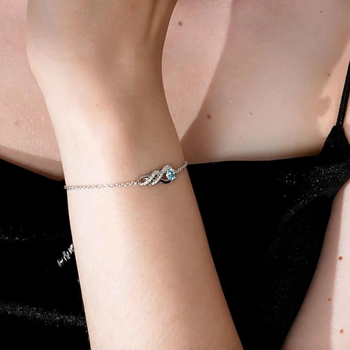 Birthstone Bracelets for Women 925 Sterling Silver Created Gemstone Bracelet Infinity Pendant Jewelry for Her, 6.7"+1.2"