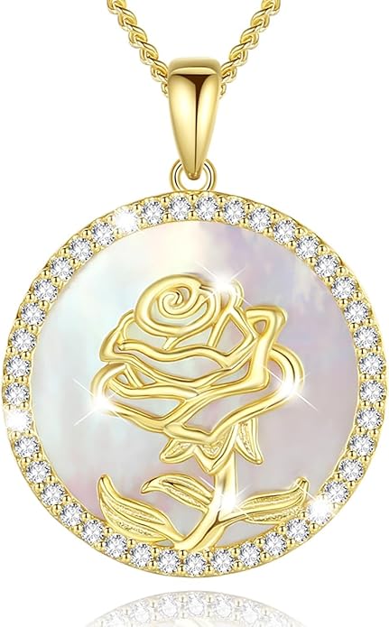 AGVANA Valentines Day Gifts Sterling Silver Birth Flower Necklace for Women Genuine Mother of Pearl CZ Round Disc Pendant Necklace Fine Jewelry Anniversary Birthday Gifts for Women Wife Mom Her