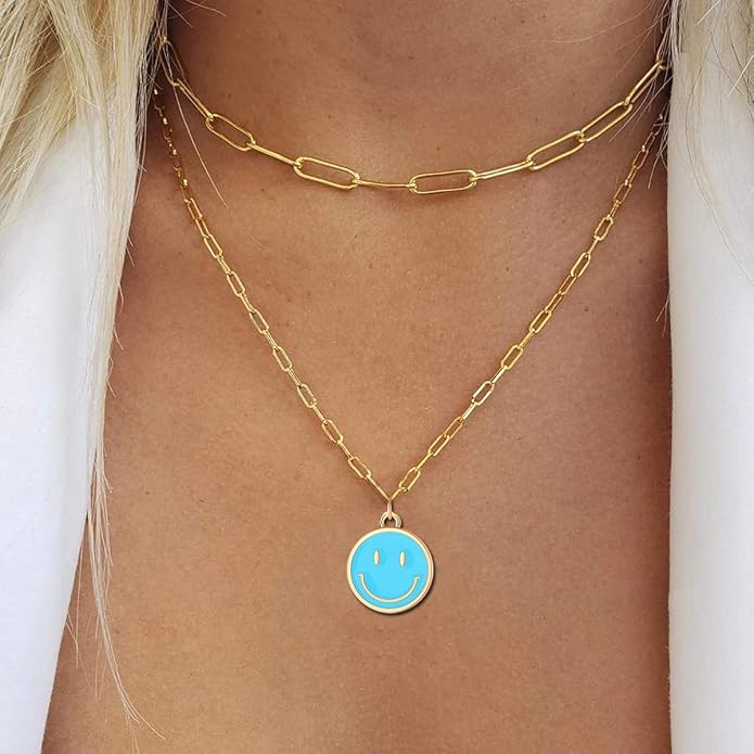 Smile Pendant Necklace Smile Face Chain Necklace Paperclip Necklace Cute Round Pendant Necklace Preppy Jewelry for Women Girls