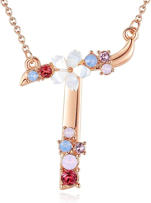 Flower Initial Letter Necklace Pink Red Blue Simulated Pearl Pendant Name Jewelry Made with Austrian Crystals Rose Gold Plated Anniversary Birthday Gifts for Women,18"+2"