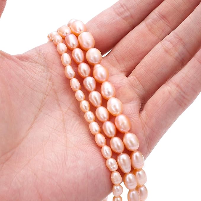 BEADIA Natural Pearl Beads Rice 7-8mm Pink Freshwater Cultured Loose Gemstone Beads for DIY Jewelry Making 13.8''/Strand