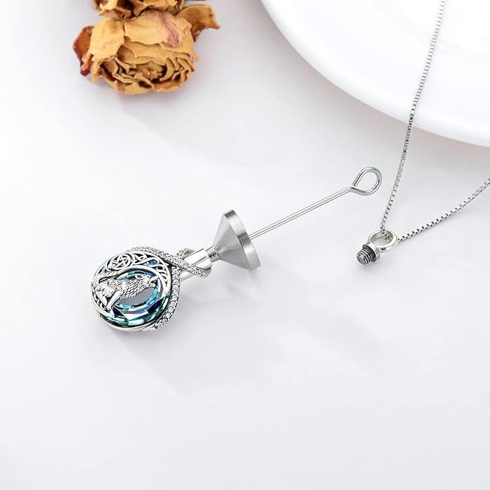 POPKIMI Wolf Urn Necklace Sterling Silver Crystal Urn Necklace for Ashes Cremation Jewelry for Ashes Memory Jewelry for Women Men