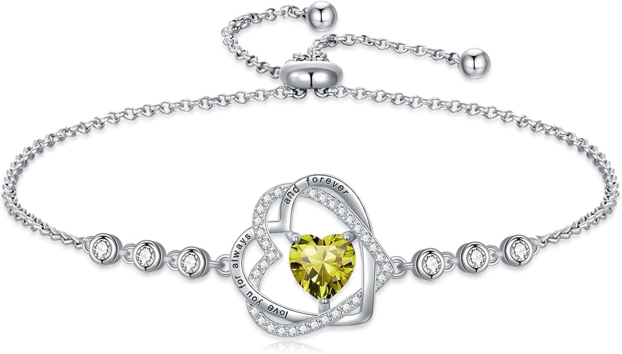 TOUPOP Heart Birthstone Bracelet 925 Sterling Silver Double Heart Bracelet Love You for Always and Forever Jewelry Anniversary Birthday Christmas Gifts for Women Wife Her