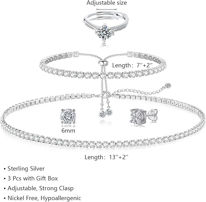Tennis Necklace Bracelet for Women, Sterling Sliver, Dainty Chocker Necklace, Crystal Bracelet for Women, Wedding Jewelry for Bride, Sparkly Party Prom Hypoallergenic