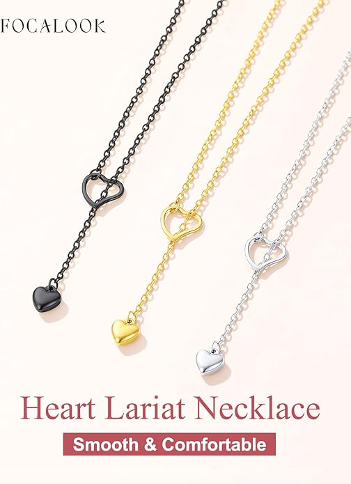 FOCALOOK Lariat Y-Necklaces | Long Necklaces for Women | Long Black Necklaces | Gold Necklaces for Women | Drop Heart Necklaces for Women | Front Adjustable Long Chain Necklace