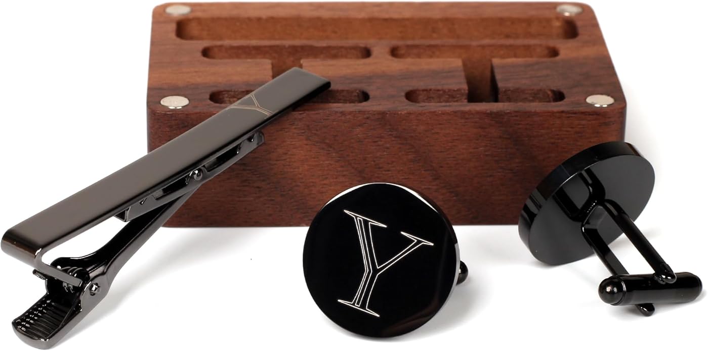 Mens Initial Cufflinks and Tie Clip A-Z Alphabet Letter Black Stainless Cuff Links Tie Bar with Engraved Walnut Wood Box Groom Groomsman Wedding Set