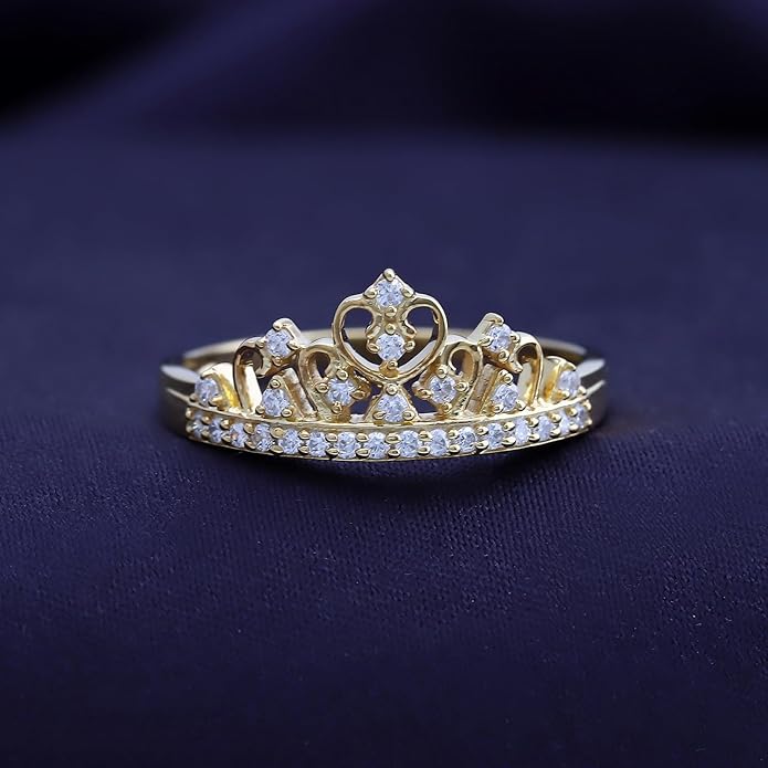 Princess Crown Ring, Round Cut Moissanite, Cubic Zirconia, Lab Grown or Natural Diamond Promise Ring for Women in 14K Gold Plated 925 Sterling Silver Jewelry Gift for Her