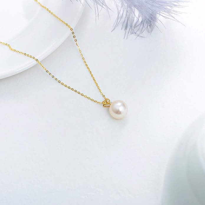 14K Solid Gold Pearl Necklace, Dainty AAA Quality Pearl Heart Pendant Valentine's Day Love Jewelry Present for Women, Wife, Mother, 16"-18"