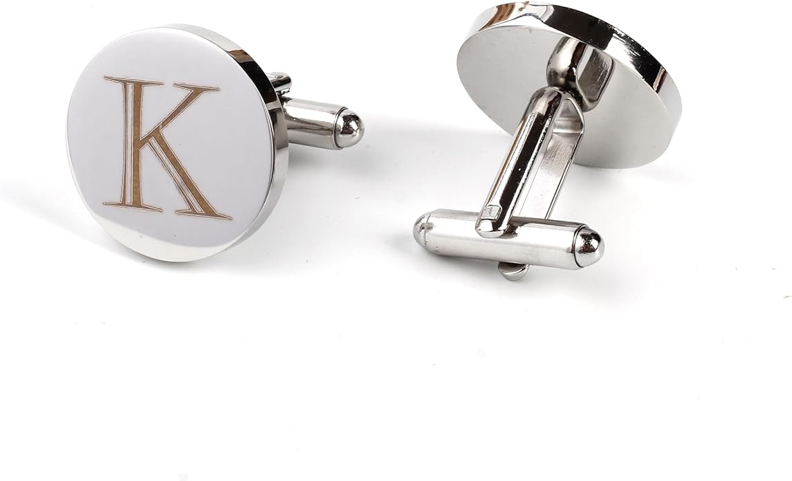 Mens Initial Silver Cufflinks A-Z Alphabet Letter Steel Cuff Links with Engraved Walnut Wood Box Groom Groomsman Wedding Set…