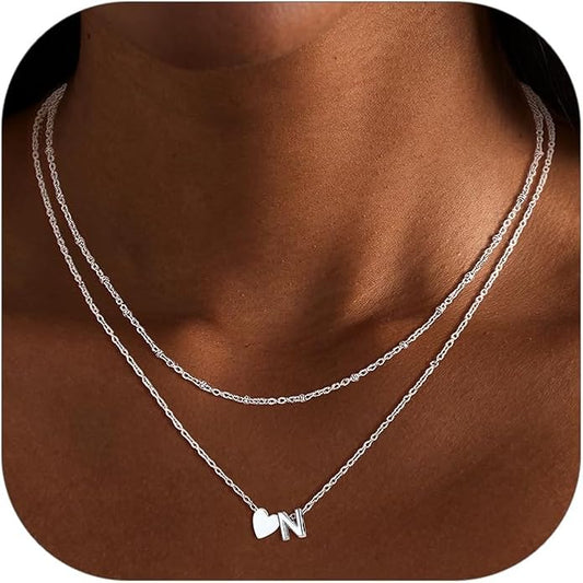 FOCALOOK Layered Initial Necklace for Women, 14K Gold Plated Choker Necklaces Stacks with Initial A-Z, Dainty Silver Heart Pendant Necklace Personalized Birthday Women Jewelry