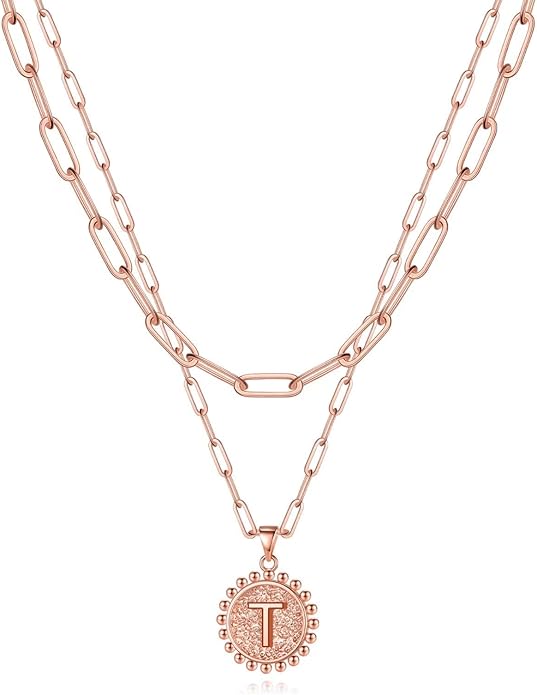 Yoosteel Gold Initial Necklaces for Women, 14K Gold Plated Dainty Layering Paperclip Link Chain Necklace Coin Initial Layered Necklaces for Women Personalized Birthday Gifts