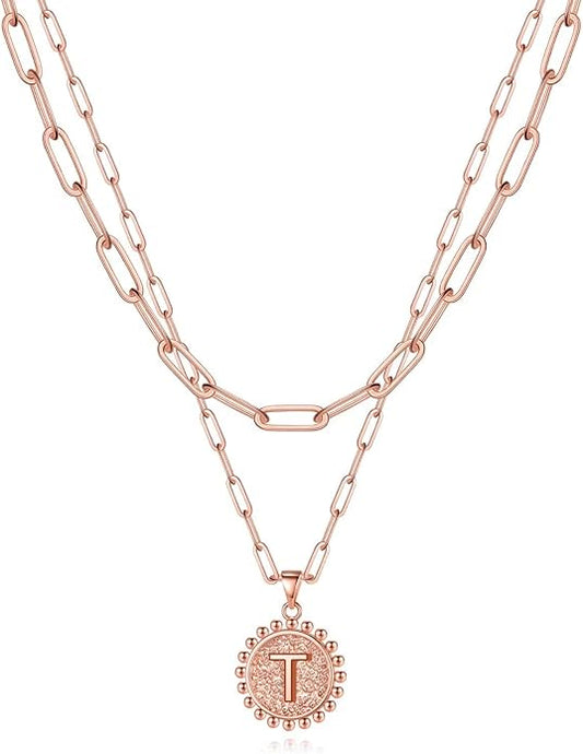 Yoosteel Gold Initial Necklaces for Women, 14K Gold Plated Dainty Layering Paperclip Link Chain Necklace Coin Initial Layered Necklaces for Women Personalized Birthday Gifts