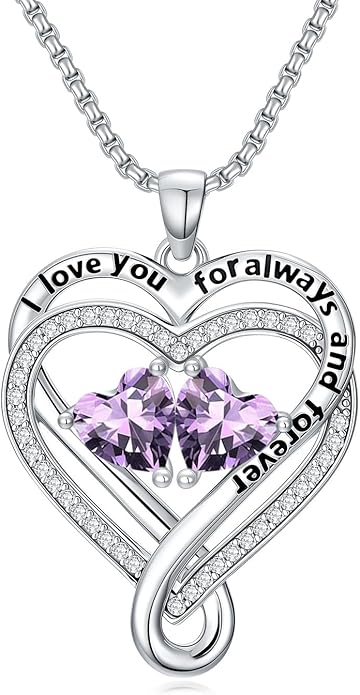 I Love You for Awlays and Forever Double Heart Necklace with Birthstone, 2 Birth Stone Jewelry Anniversary Valentines Mothers Day Christmas Birthday Gifts for Women Her Wife Girlfriend Mom Mother