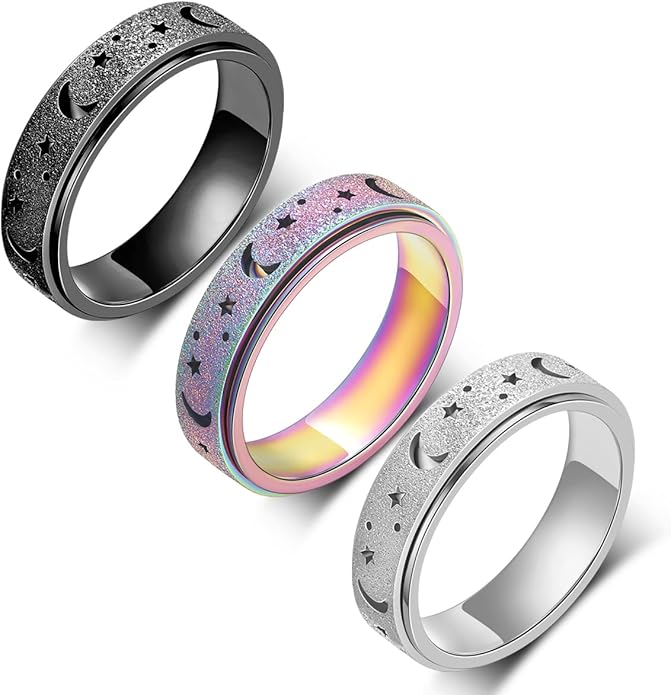AmorArtSky Anxiety Ring for Women Men, Titanium Stainless Steel Spinner Ring, 5 Colors, 6MM, Size 6-10, 3 Styles Anxiety Ring-Moon Star, Sandblasted Finished, Hollow Outer
