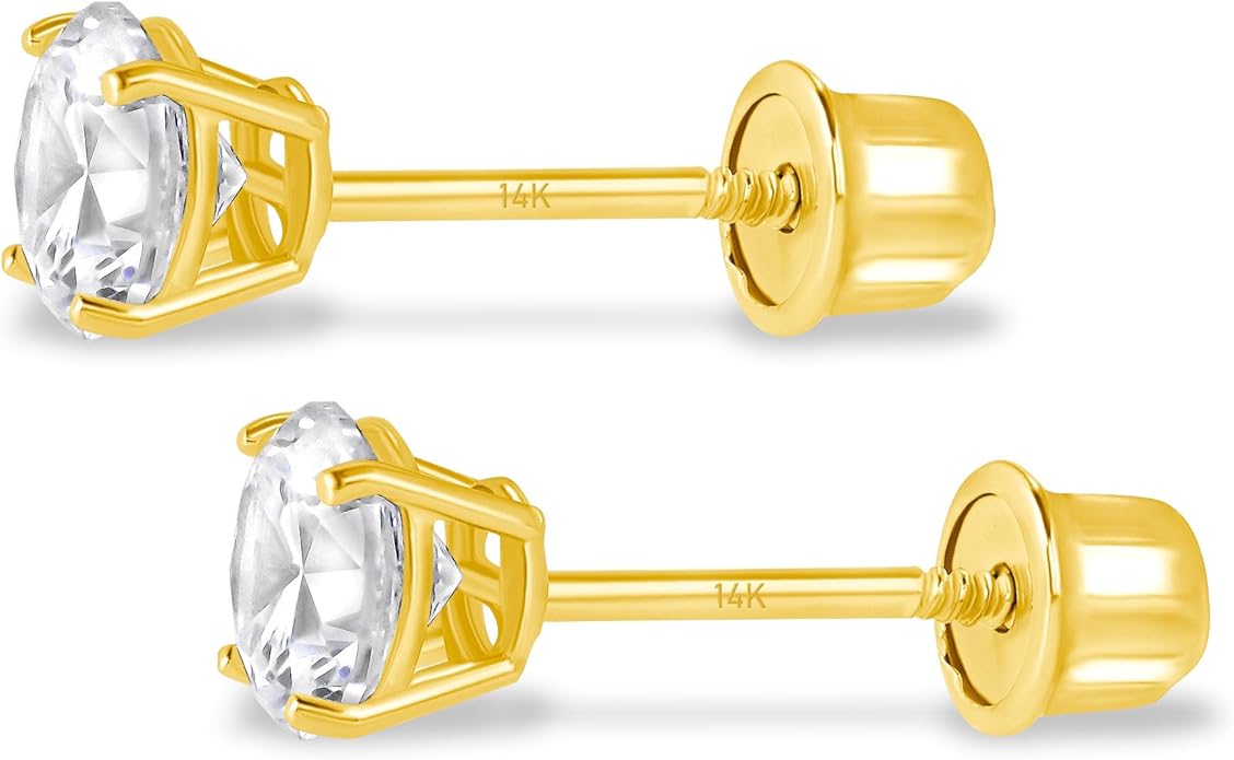 14k Gold Cubic Zirconia Stud Earrings for Women & Men (2mm-6mm Diameter) - CZ Simulated Diamond, Real Solid 14K Gold, Secure Screw Back