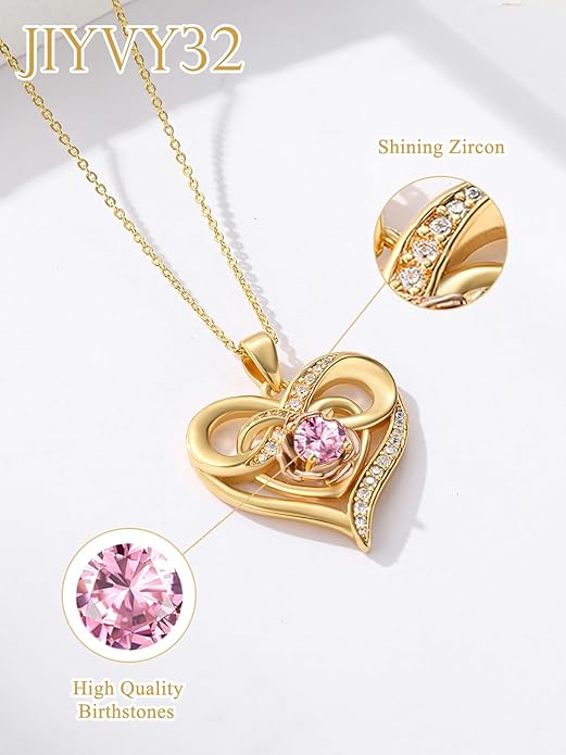 Infinite Heart Birthstone Necklaces for Women Gold Plated Pendant Wedding Anniversary Birthday Gift for Wife Her Mom Grandma Daughter Jewelry with Round Birthstone