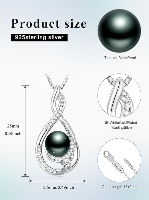 KANNSOAR Tahitian Black Pearl 18K White Gold Plated Sterling Silver Heart/Infinity/Four Leaf Clover Pendant Necklace Jewelry Gifts for Women Wife Mom Girlfriend Wedding Birthday Anniversary Christmas