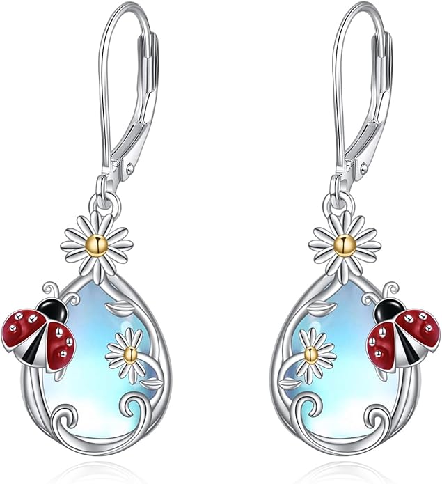 AOBOCO Butterfly/Dragonfly/Bee/Ladybug Leverback Earrings 925 Sterling Silver Rose Lotus Tulip Flower Filigree Dangle Earrings Teardrop Moonstone Larimar Turquoise Abalone Shell Jewelry Birthday Gifts for Women