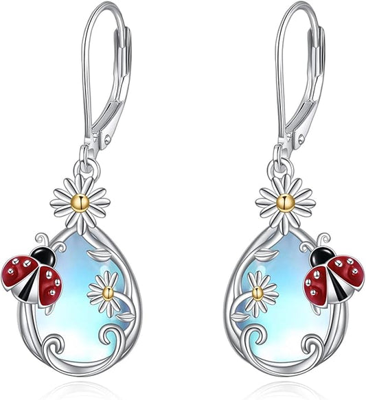 AOBOCO Butterfly/Dragonfly/Bee/Ladybug Leverback Earrings 925 Sterling Silver Rose Lotus Tulip Flower Filigree Dangle Earrings Teardrop Moonstone Larimar Turquoise Abalone Shell Jewelry Birthday Gifts for Women