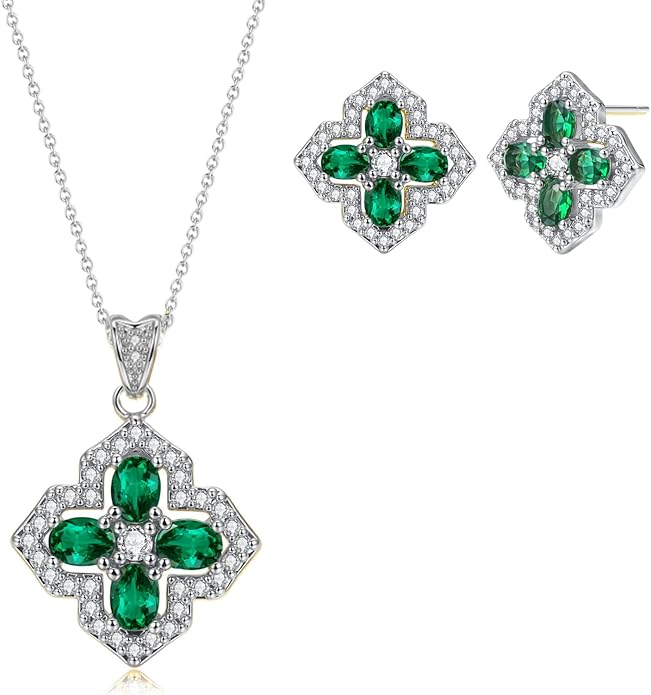 VONSSY Four Leaf Clover Necklace Earrings Shamrock Irish ST Patricks Jewelry Set Gift Green Emerald Zircon Crystal Stud 18k Gold Plated Chain Saint Pendant for Woman Wife Girlfriend
