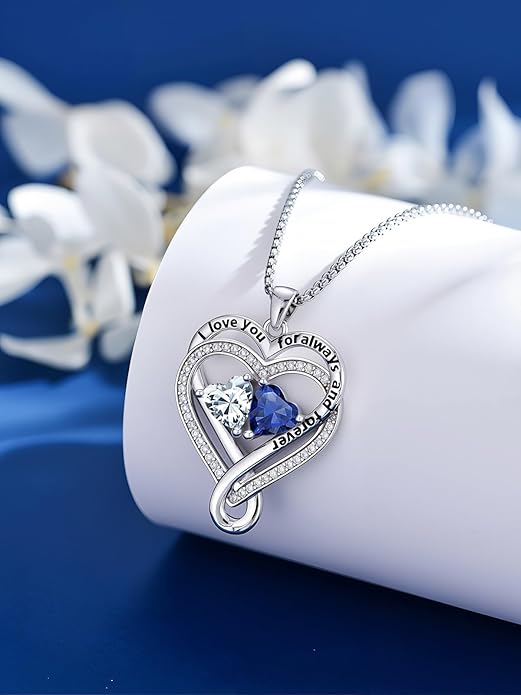 I Love You for Awlays and Forever Double Heart Necklace with Birthstone, 2 Birth Stone Jewelry Anniversary Valentines Mothers Day Christmas Birthday Gifts for Women Her Wife Girlfriend Mom Mother