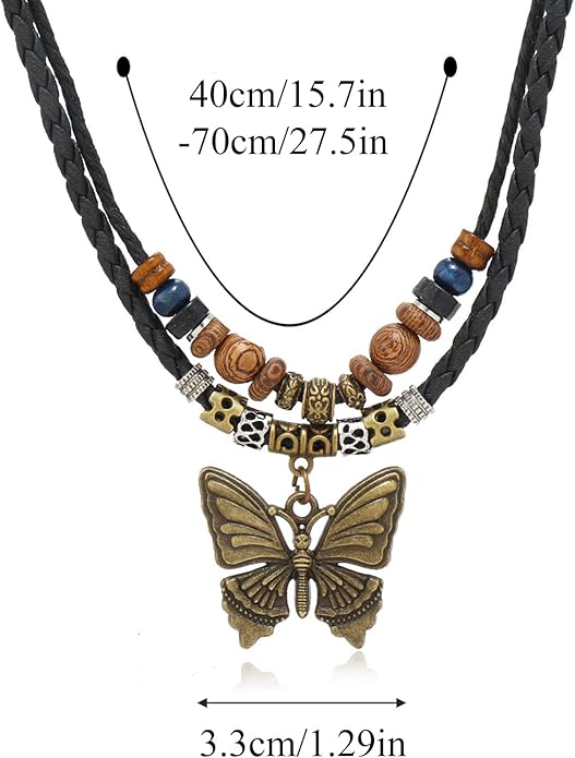 HETICA Boho Necklace for Women, Vintage Butterfly Necklace Adjustable Wooden Beads Layered Braided Necklace Fashion Tribal Style Leather Rope Necklace Jewelry
