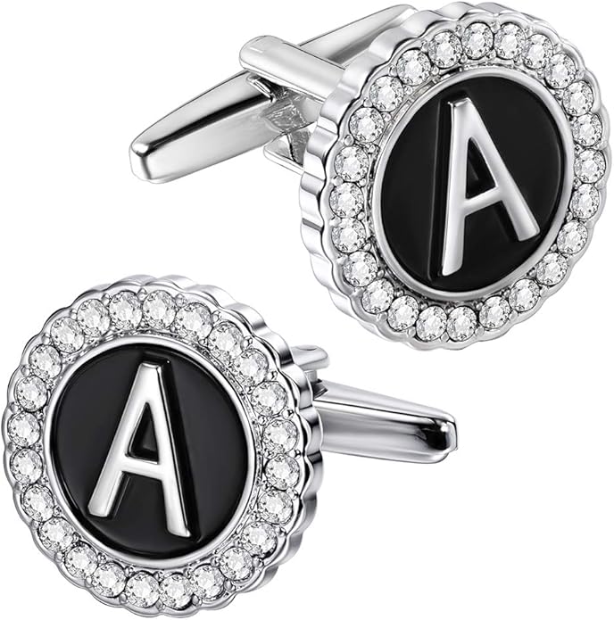 HAWSON A-Z Initial Cufflinks for Men and Women with Clear Crystal, Gold Silver Color Rasied Letter A-Z Cuff Links for French Shirt, Gift for Normal and Business Wearing