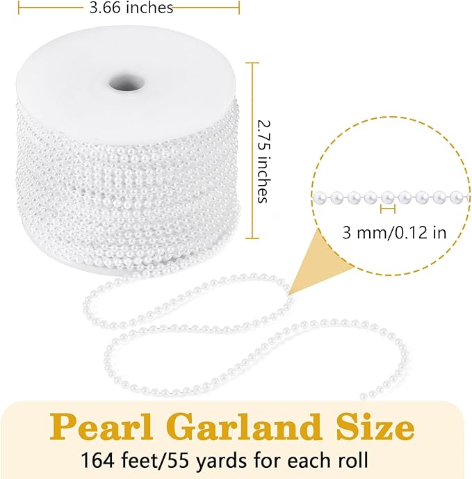 164 Feet Faux Pearl Garland, 3mm Pearl String Roll Strands, Extended String of Pearls Garland for Christmas Tree Wedding Party Decoration Centerpieces Flowers DIY Crafts (White)