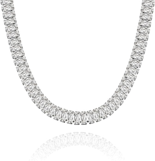 KissYan Diamond Tennis Necklace for Women, 14K/White Gold Plated Cubic Zirconia Baguette Tennis Chain Chunky Paperclip Link Cuban Choker Necklace Dainty Jewelry Gifts