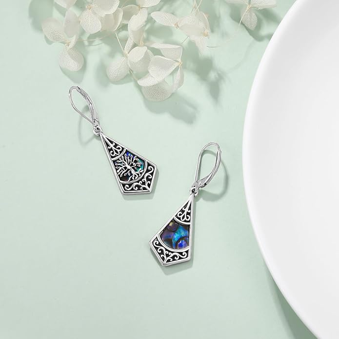 Tree of life Dangle Earrings Sterling Silver Moonstone/Turquoise/Malachite Earrings for Women Filigree Leverback Earrings Jewelry Gifts
