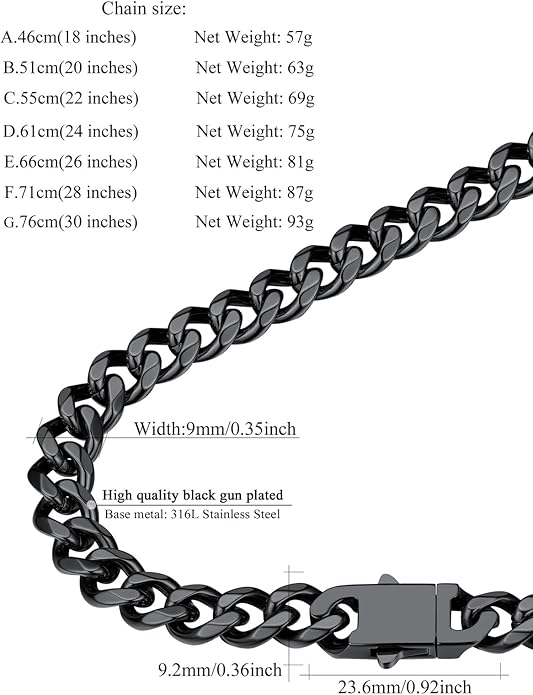FindChic Cuban Link Chain for Men, 6/9/12mm Necklace Chain, Black/Gold Plated/Stainless Steel Necklace, Hypoallergenic & Tarnish-Proof Men's Jewelry Hip Hop Accessories, 18-30" Length Options