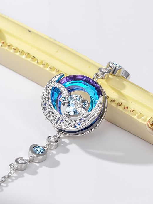 TOUPOP Birthstone Bracelet Moon and Star Bracelet 925 Sterling Silver Blue Crystal Jewelry Birthday Christmas Gifts for Women