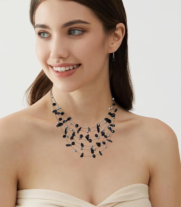 Multi-Layer Boho Shell Beaded Necklace for Women Colorful Crystal Strand with Silver Beads Statement Collars Necklace and Earrings Costumes Jewelry Sets for Women