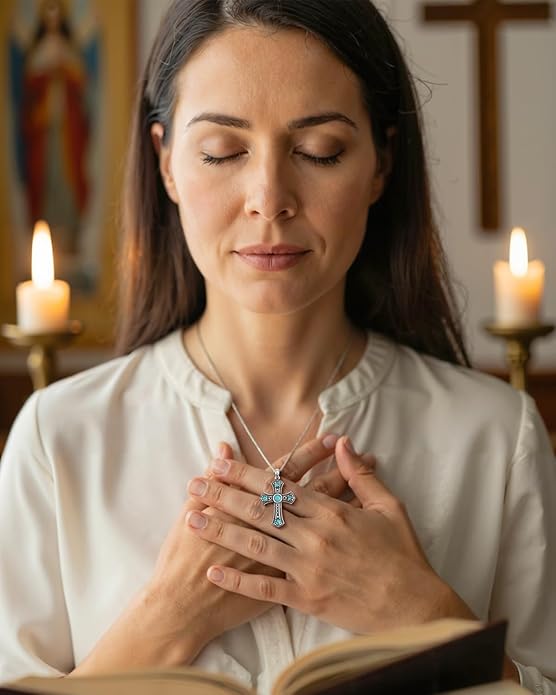 Turquoise Cross Necklace for Women, 925 Silver Western Bohemian Vintage healing Necklace, Faith Spiritual Boho Jewelry, Christian Religious Christmas Birthday Gift for Wife Girlfriend Mom