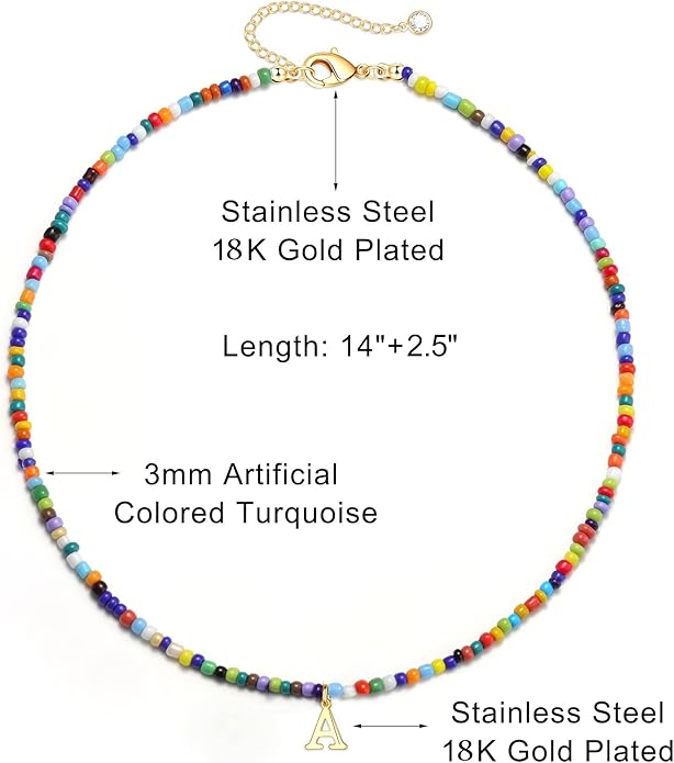 Yoosteel Colorful Beaded Initial Necklaces for Girls Gifts - Cute Choker Necklace for Kids Jewelry A-Z Initial Necklaces for Women Personalized Birthday Gifts for Teenage Girls