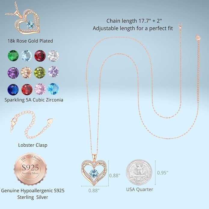 Birthstone Heart Necklace for Women Wife Girlfriend Mom Daughter Gifts S925 Silver Jewelry For Anniversary Rose Gold Gifts For Birthday Christmas Mothers Valentines Day