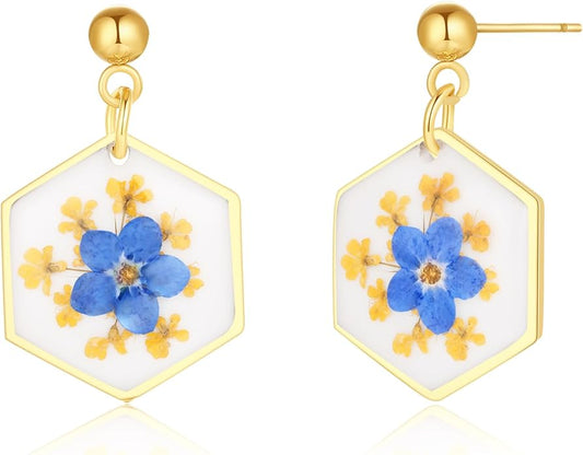 Forget-Me-Not and Queen Anne's Lace Pressed Wildflower Earrings | Pressed Flower Earrings | Handmade Drop and Dangle Earrings | Gift for Woman