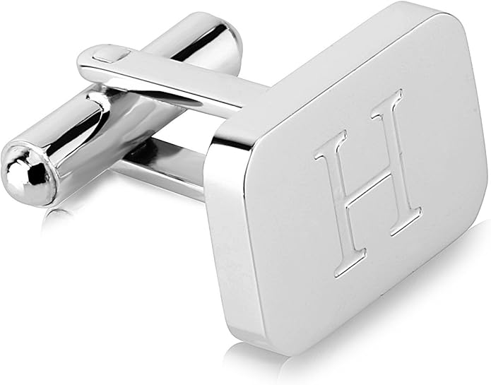 18K White-Gold Plated Initial Engraved Stainless Steel Men’s Cufflinks With Gift Box -Personalized Alphabet Letter’s A-Z By Lux & Pair
