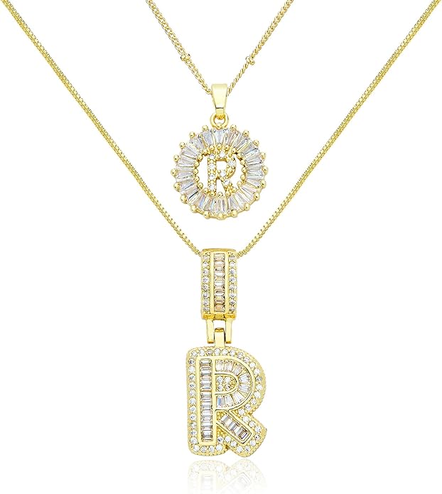 14K Gold Plated Initial Letter Pendant Necklace, Cubic Zirconia Crystal, Copper Chain