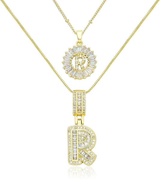 14K Gold Plated Initial Letter Pendant Necklace, Cubic Zirconia Crystal, Copper Chain