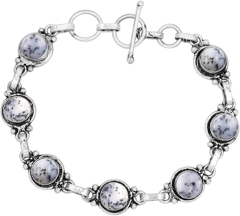 Round Shape Natural & Synthetic Gemstones Silver Plated Bracelets for Women - Vintage Bohemian Style Handmade Birthstone Adjustable Link Bracelet Jewelry Gifts for Wedding Anniversary Mother's Day